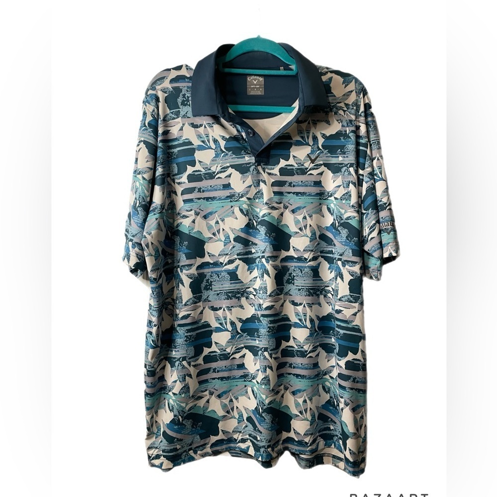 Callaway Opti Dry golf shirt, blue patterned, Hawaiian feel EUC size L HH